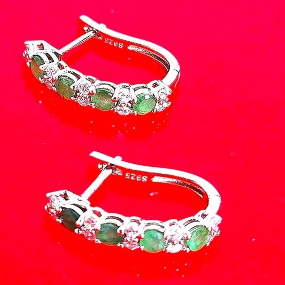 925 Sterling Silver Earrings with Natural Emerald with CZ - Picture 2 of 7